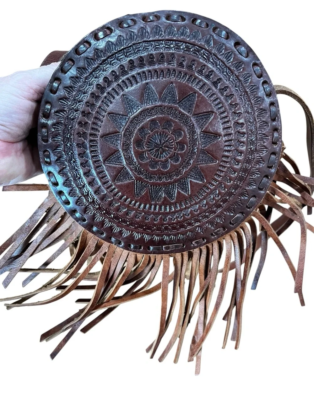 Hand tooled canteen round leather fringe bohemian style crossbody bag